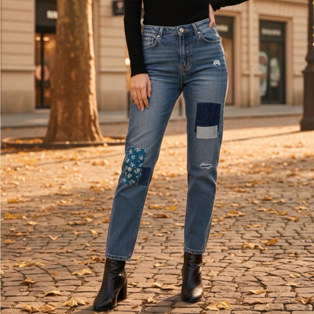 Lauren Ralph Lauren Blue Patchwork Straight Leg Jeans
